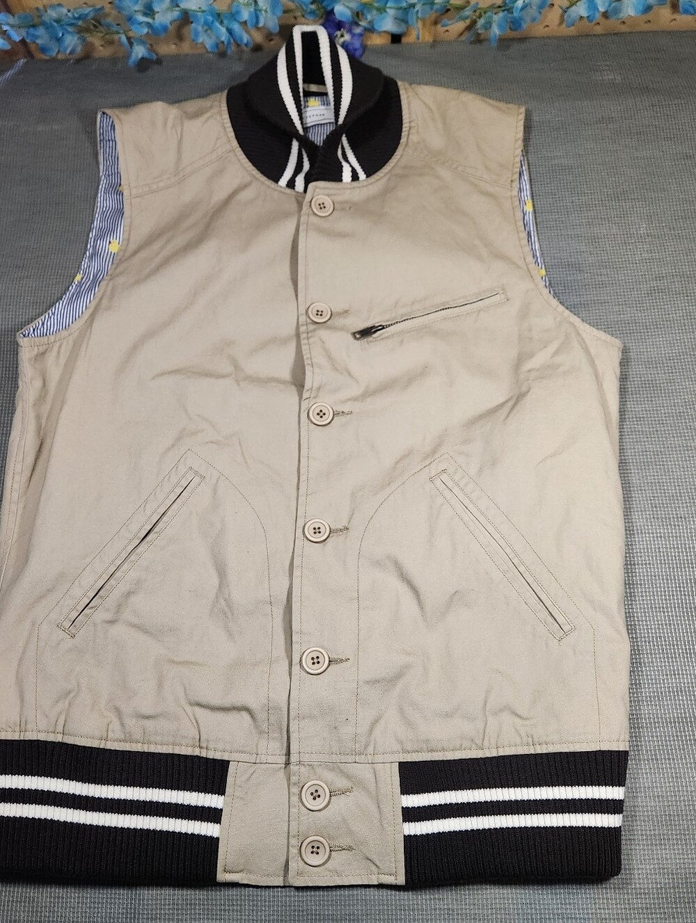 Five Four Men's Beige Sleeveless Bomber Jacket with Ribbed Trim